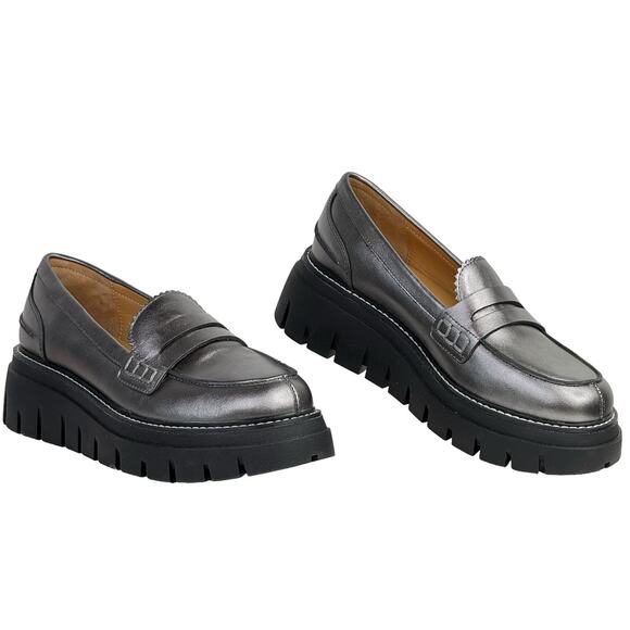 JSlides Tyler Platform Loafer Women 8.5 Metallic Silver Leather Chunky Sole Shoe - Picture 5 of 9